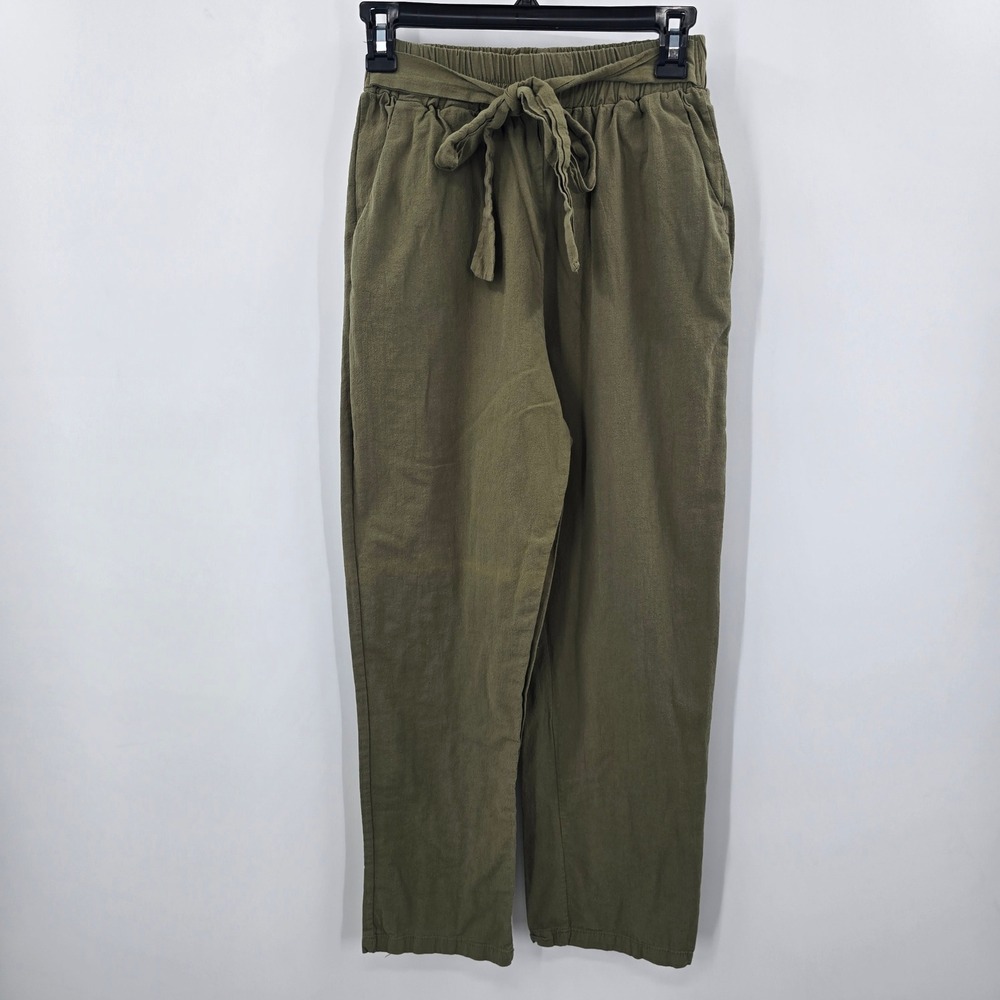 Olive Green Linen Womens Small High Waisted Tie Waist Straight Leg‎ Crop Pants